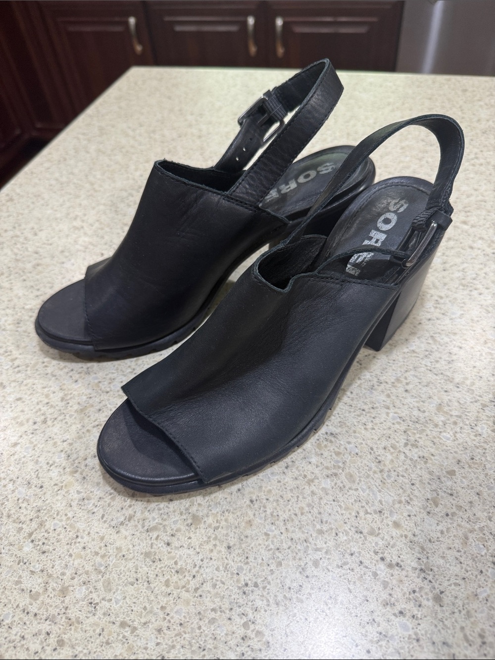 Sorel Black Open-Toe Slingback Block Heel Sandals
